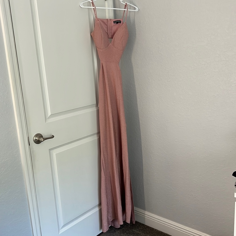 Light pink long prom dress with side cut outs and adjustable straps size 9